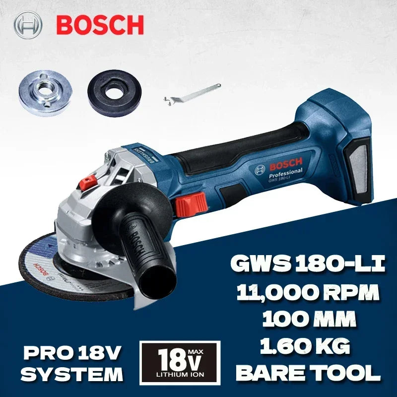 Bosch angle grinder packaging, blue black and red, brushless 18V