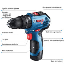 Bosch GSB 12V-30 detail close-up, ergonomic grip and variable speed controls