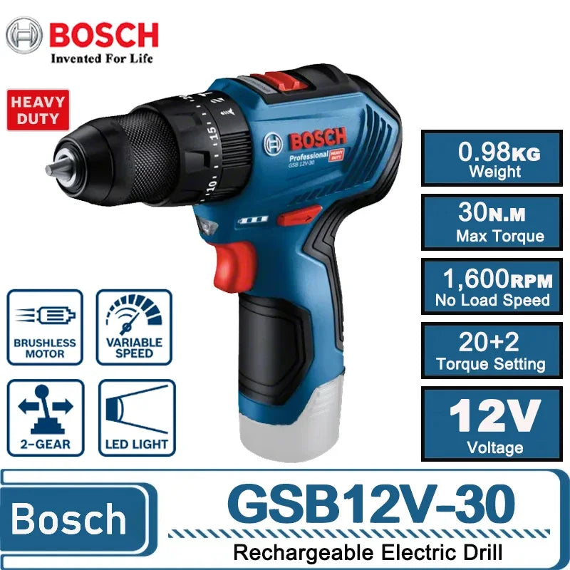 Bosch GSB 12V-30 front view, blue-black cordless impact drill with LED light