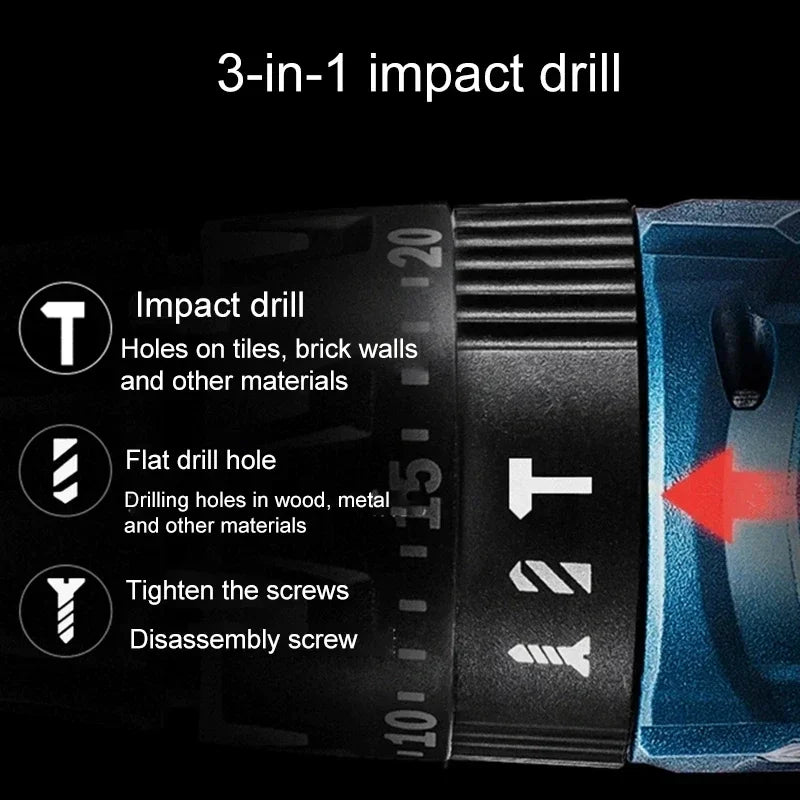 Bosch GSB 12V-30 settings detail, impact mode switch and material selection