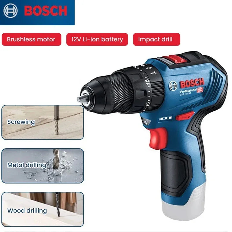 Bosch GSB 12V-30 side view showing impact function and adjustable torque