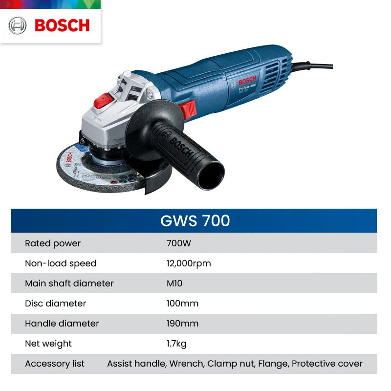 Bosch angle grinder detail, compact body with safety switch