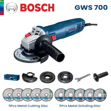 Bosch GWS700 angle grinder packaging, blue and black accessories
