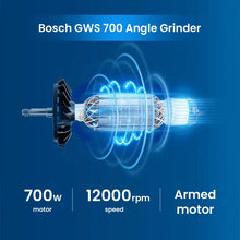 Bosch GWS 700 specifications detail, blue grinder close-up