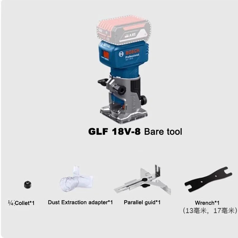 Bosch GLF 18V-8 detail view with router attachments and accessories