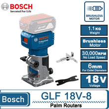 Bosch GLF 18V-8 packaging view, blue and gray cordless router