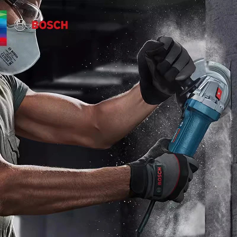 Bosch angle grinder lifestyle shot, person using tool with dust effect