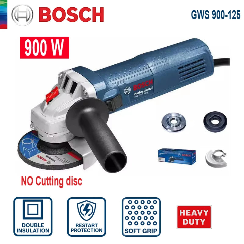 Bosch angle grinder packaging, blue and red design on white background