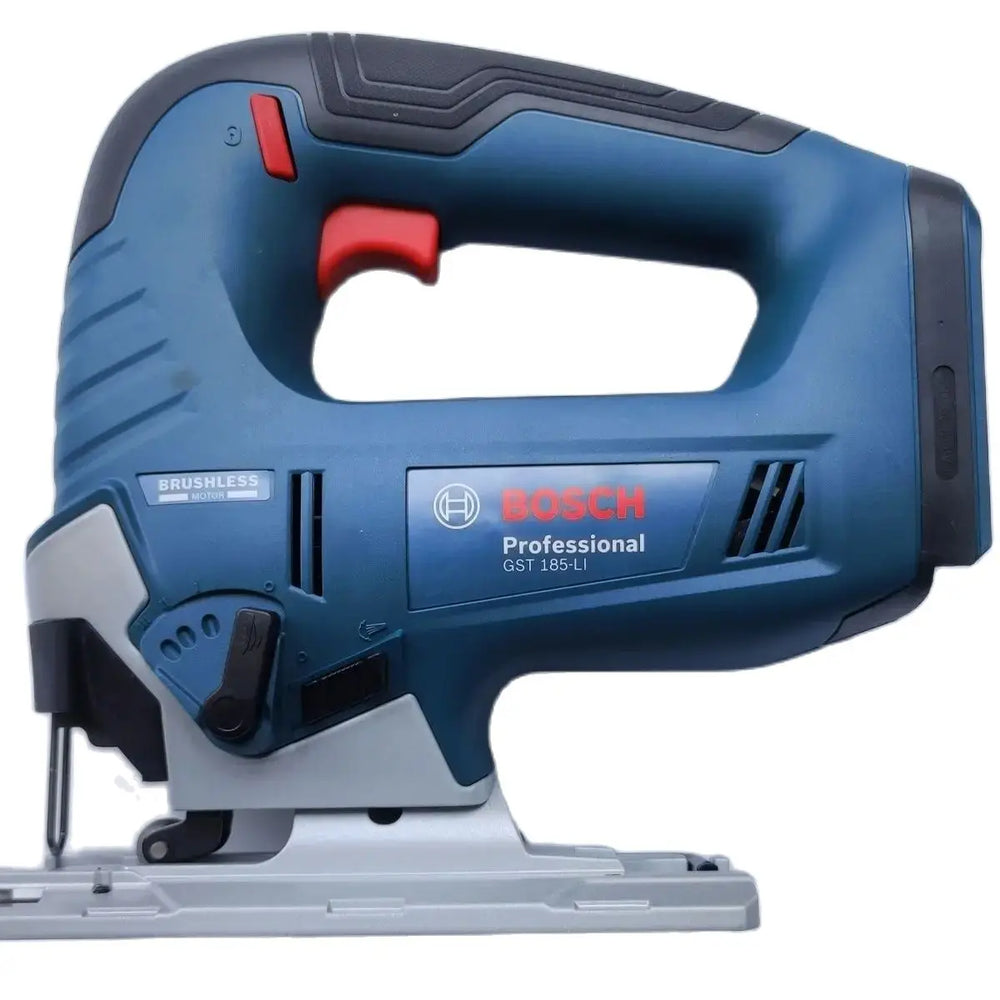 Bosch GST 185-LI cordless jigsaw side view with ergonomic handle, blue and black