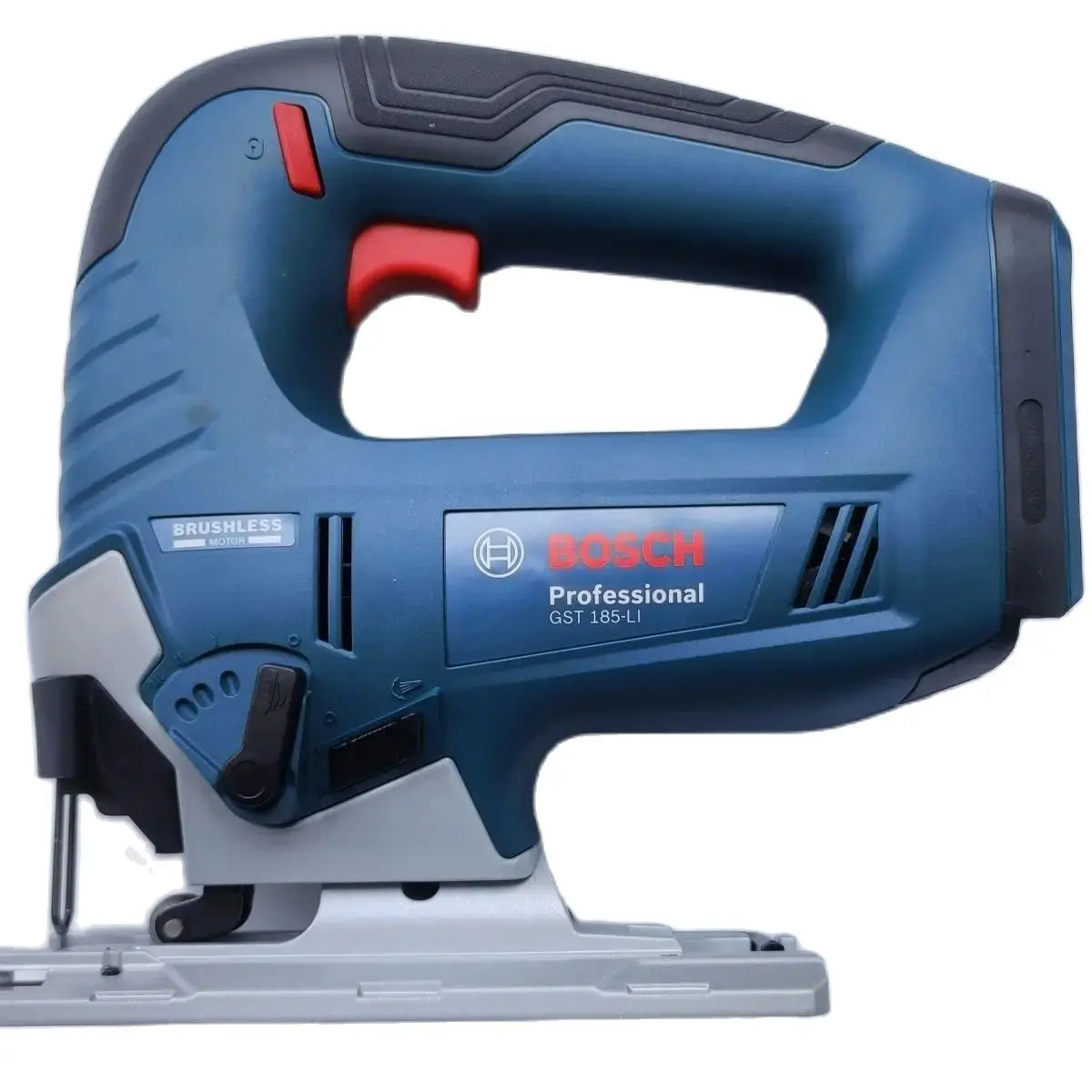 Bosch GST 185-LI cordless jigsaw side view with ergonomic handle, blue and black