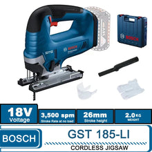 Bosch GST 185-LI jigsaw packaging front view, blue and black