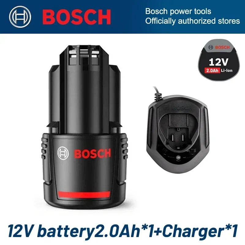 Bosch 12V 2.0Ah battery and charger packaging, black and red, front view