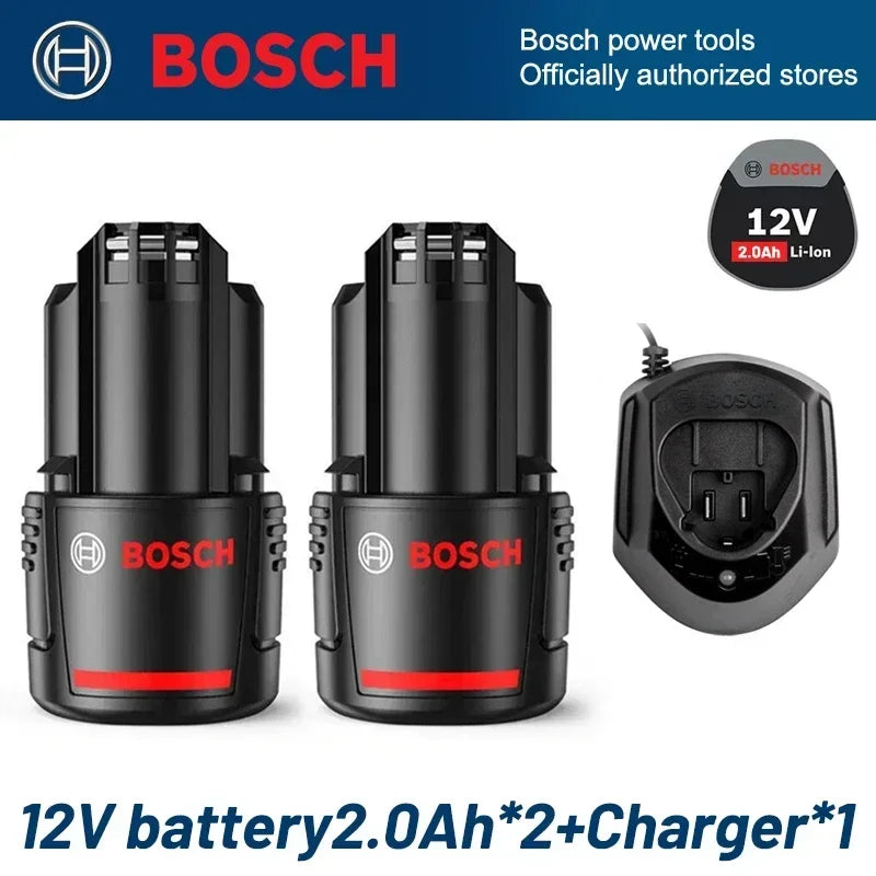 Bosch 12V 2.0Ah battery and charger packaging, black and red, front view