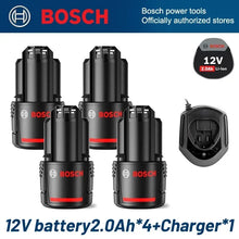 Bosch 12V 2.0Ah battery and charger packaging, black and red, front view