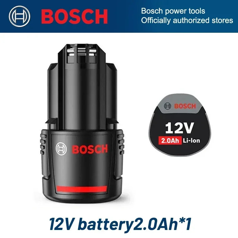 Bosch 12V 2.0Ah battery packaging, black and red, front view