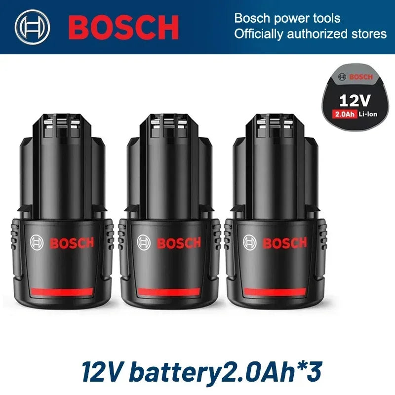 Bosch 12V 2.0Ah batteries packaging, black and red, three batteries, no charger