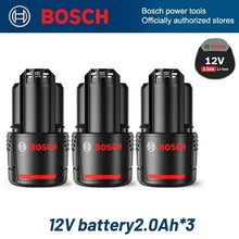Bosch 12V 2.0Ah batteries packaging, black and red, three batteries, no charger