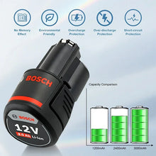 Bosch 12V battery detail close-up with LED indicator, black-red
