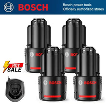 Bosch 12V battery detail close-up with level indicator, black-green