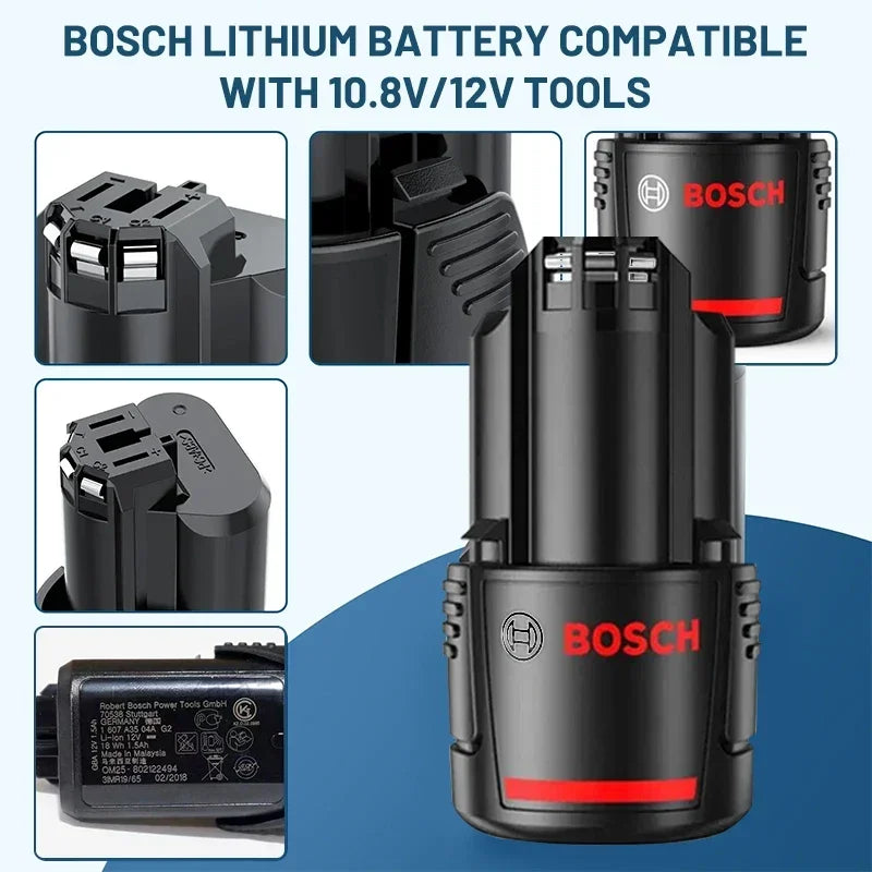Bosch lithium 12V battery detail close-up, black-red on white