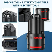 Bosch lithium 12V battery detail close-up, black-red on white