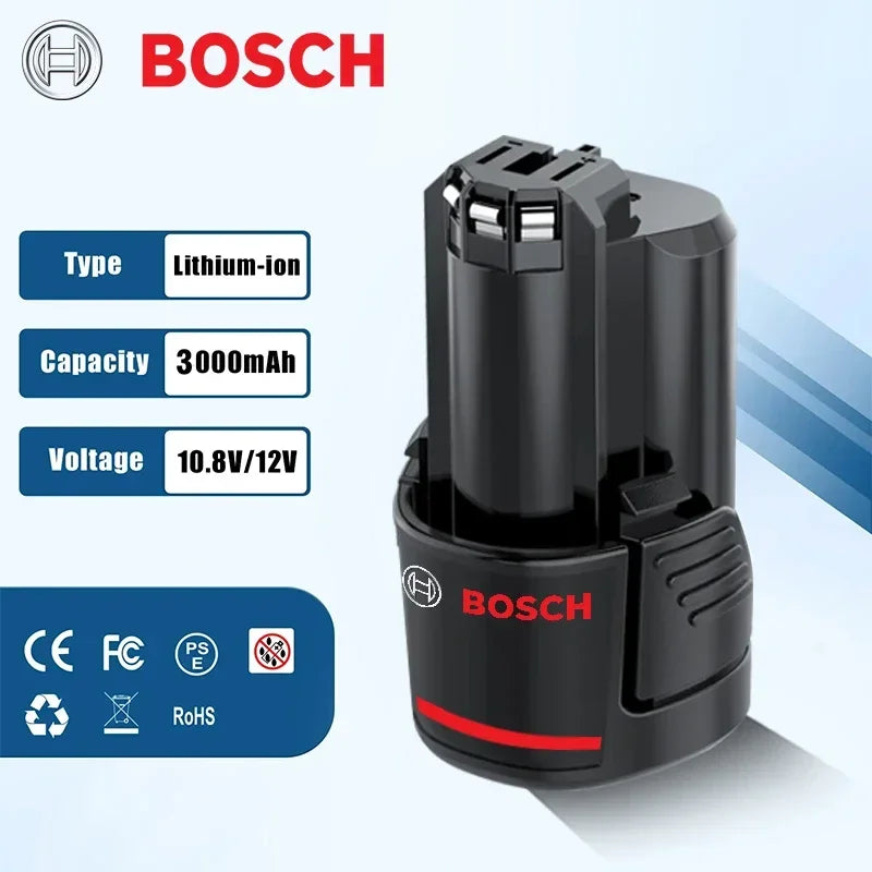 Bosch 12V lithium battery detail close-up, black-red compact design