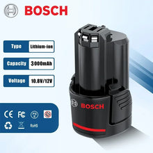 Bosch 12V lithium battery detail close-up, black-red compact design