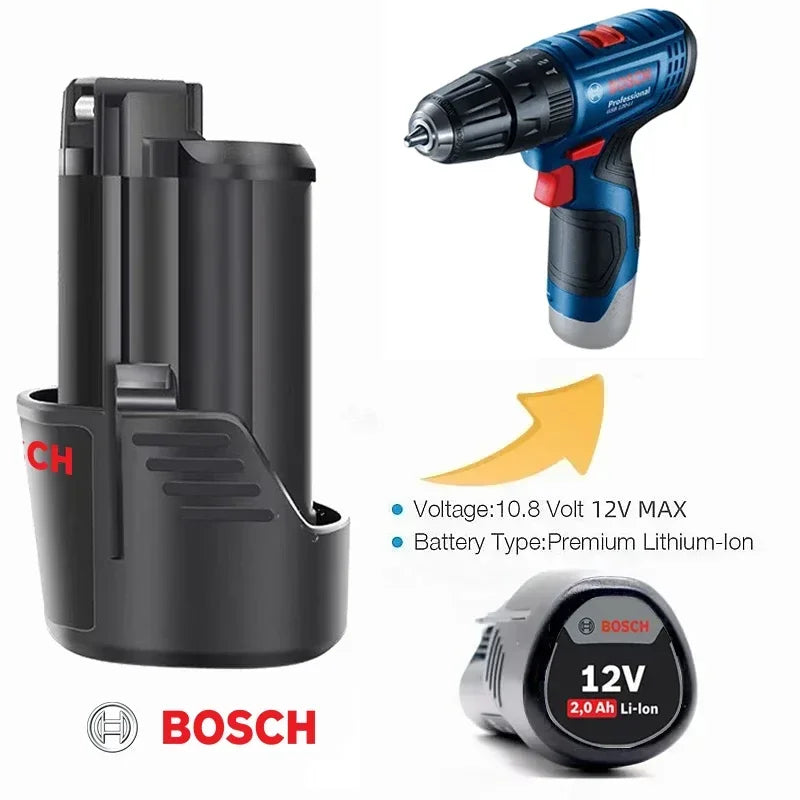 Bosch 12V battery lifestyle with drill, black-red-blue