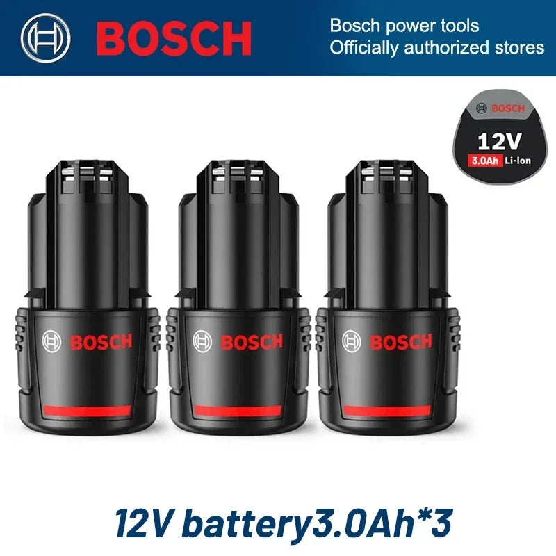 Bosch 12V battery 3-pack packaging, black and red, front view