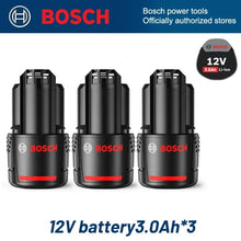 Bosch 12V battery 3-pack packaging, black and red, front view
