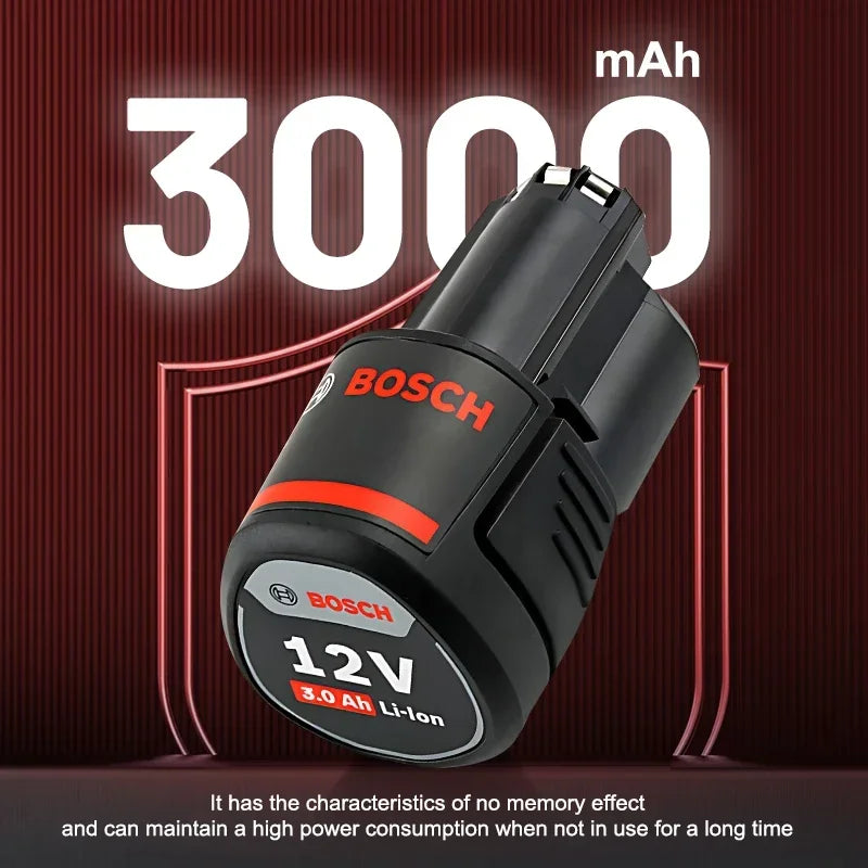 Bosch 12V battery charger detail, black and red compact design