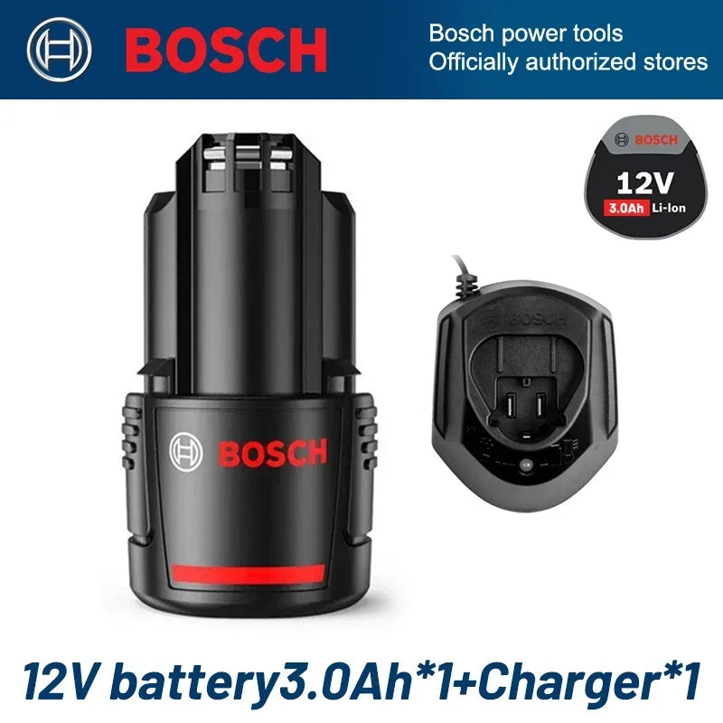 Bosch 12V battery and charger packaging, black and red, front view