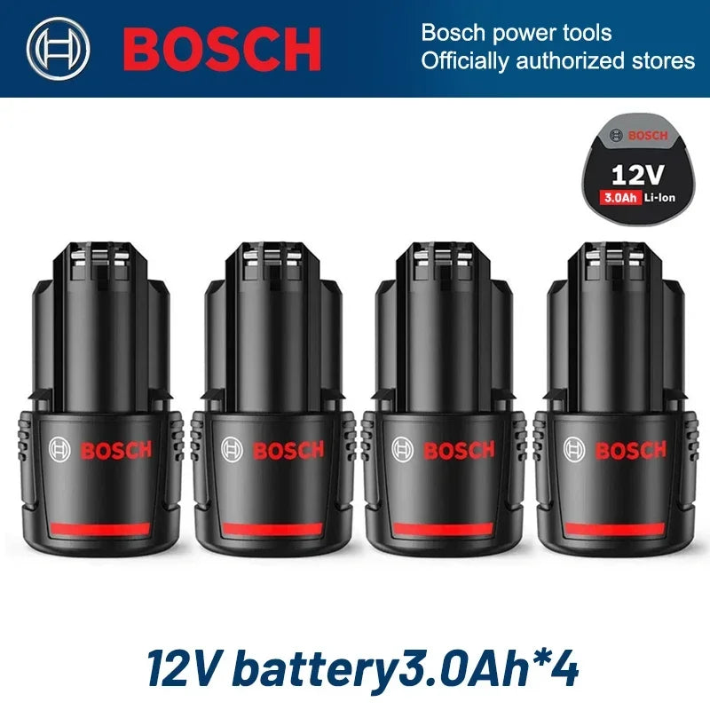 Bosch 12V battery packaging, black and red set, front view