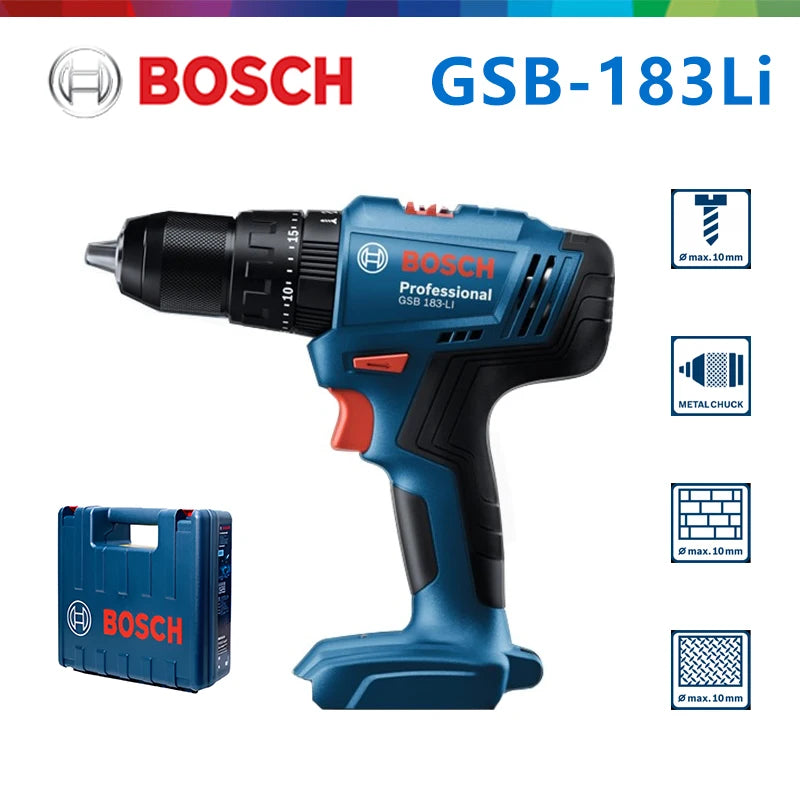 Bosch GSB183 drill front view with blue and black LED light