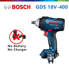 Bosch GDS 18V-400 impact wrench front view, blue black red on solid background