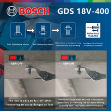 Bosch GDS 18V-400 graphic instructions, blue and black on solid background