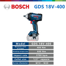 Bosch GDS 18V-400 packaging with specifications list, blue and white