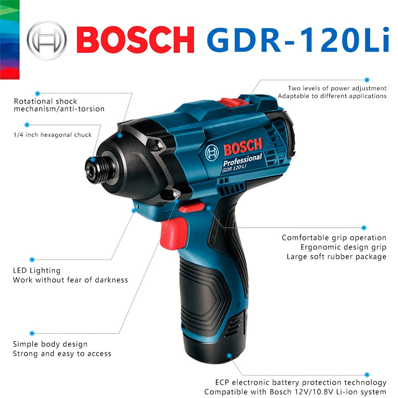 Bosch GDR-120Li compact detail, blue-black tool with LED light