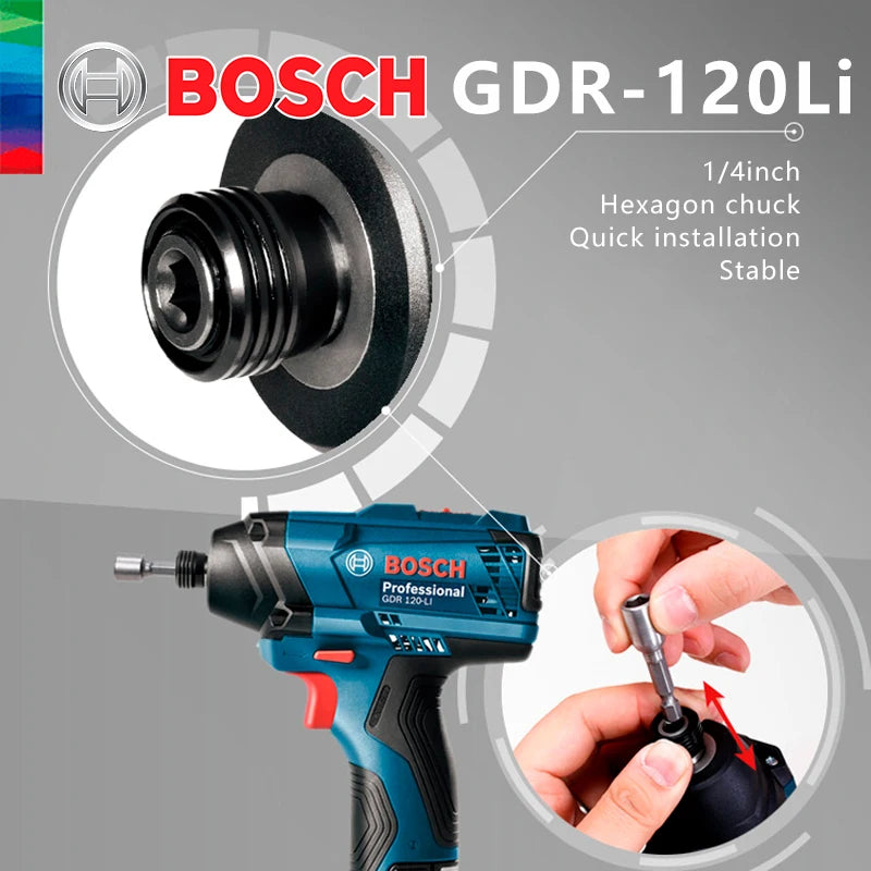 Bosch GDR-120Li in-use lifestyle shot, blue-black impact wrench action