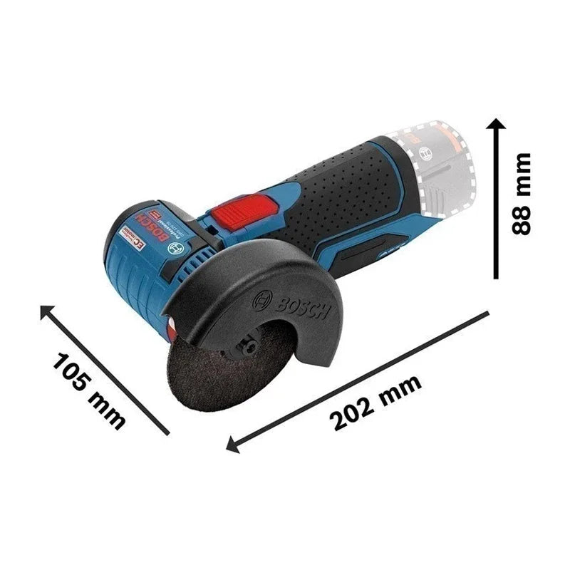 Bosch GWS 12V-76 ergonomic handle detail, compact cordless angle grinder