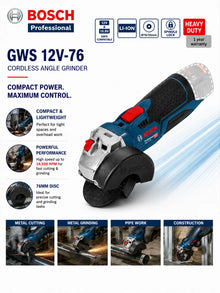 Bosch GWS 12V-76 packaging front view, blue and black design