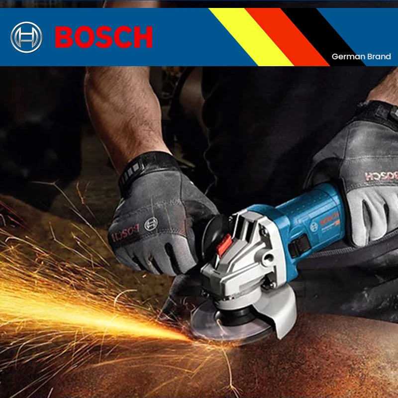 Bosch GWS700 lifestyle shot, blue-black grinder with sparks and gloved grip