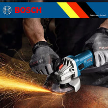 Bosch GWS700 lifestyle shot, blue-black grinder with sparks and gloved grip