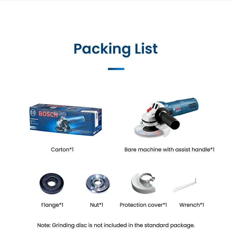 Bosch GWS700 packaging list with brand logo on white background