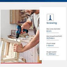 Bosch cordless drill features close-up with LED indicator and battery status