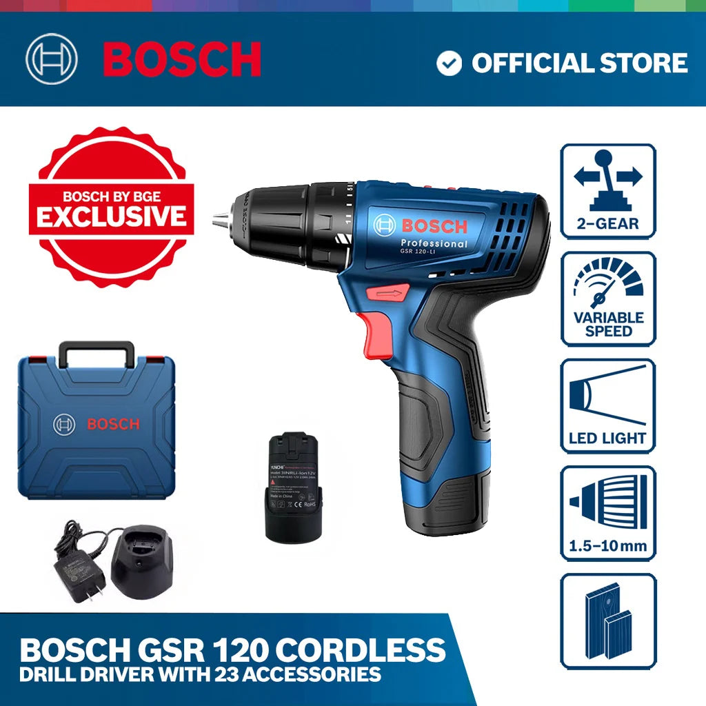 Bosch cordless drill packaging with blue, black, red case and battery