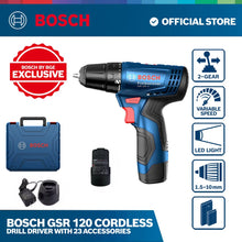Bosch cordless drill packaging with blue, black, red case and battery