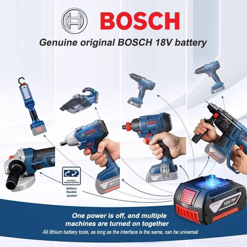 Bosch battery system packaging with original battery and tools, various colors