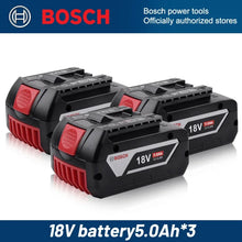 Bosch 18V battery packaging with three batteries in black and red