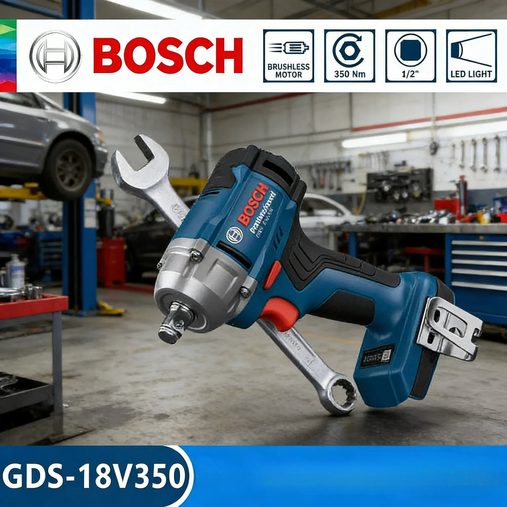 Bosch GDS 18V-350 lifestyle shot, blue/black tool with LED light